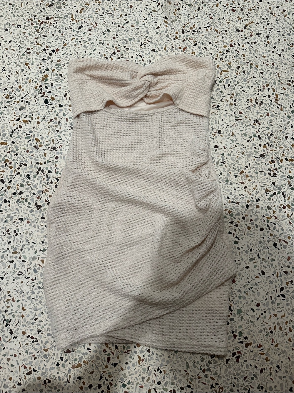 Strapless Twist-Front Knit Dress in Light Beige
